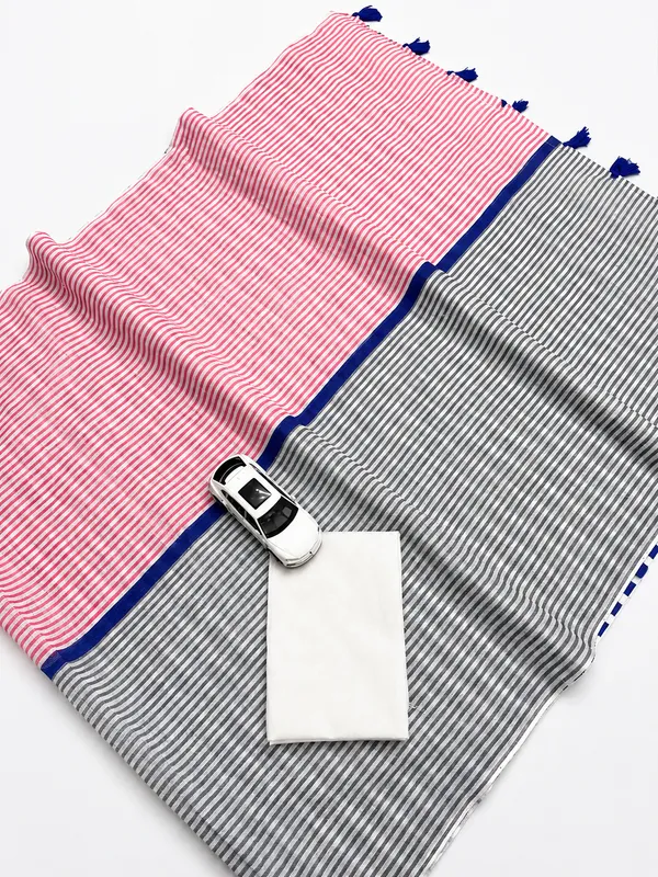 Pink_Grey_Cotton_Linen_Striped_Saree_With_Blue_Border_Tassels_For_Women