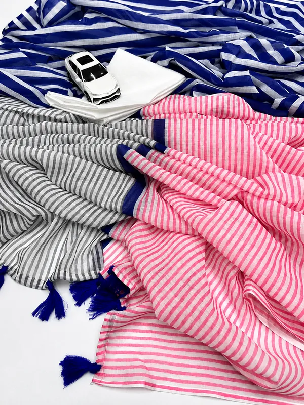 Pink_Grey_Cotton_Linen_Striped_Saree_With_Blue_Border_Tassels_For_Women