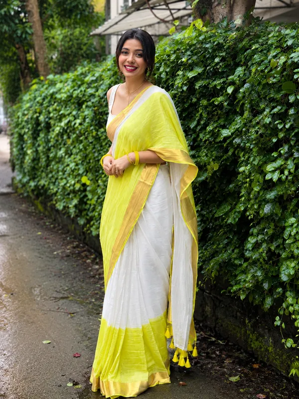 Lime_Green_White_Linen_Saree_With_Golden_Zari_Border