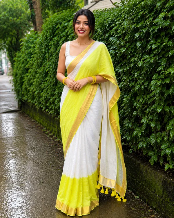 Lime_Green_White_Linen_Saree_With_Golden_Zari_Border