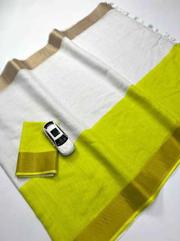 Lime_Green_White_Linen_Saree_With_Golden_Zari_Border
