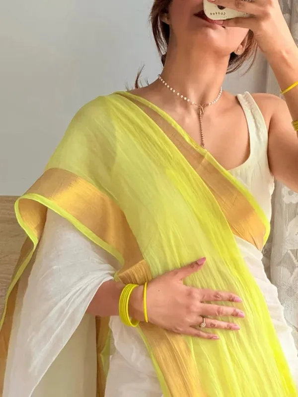 Lime_Green_White_Linen_Saree_With_Golden_Zari_Border
