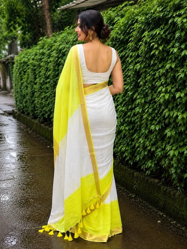 Lime_Green_White_Linen_Saree_With_Golden_Zari_Border