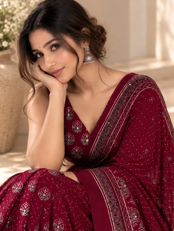Maroon_Modal_Silk_Ajrakh_Printed_Saree_With_Hand_Set_Mirrors