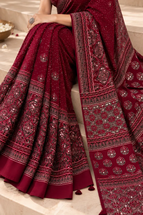 Maroon_Modal_Silk_Ajrakh_Printed_Saree_With_Hand_Set_Mirrors