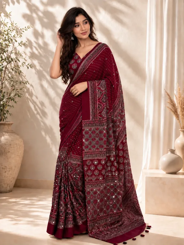 Maroon_Modal_Silk_Ajrakh_Printed_Saree_With_Hand_Set_Mirrors