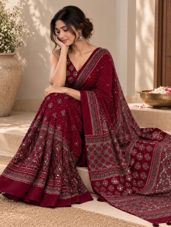 Maroon_Modal_Silk_Ajrakh_Printed_Saree_With_Hand_Set_Mirrors