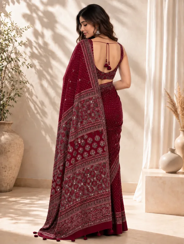 Maroon_Modal_Silk_Ajrakh_Printed_Saree_With_Hand_Set_Mirrors