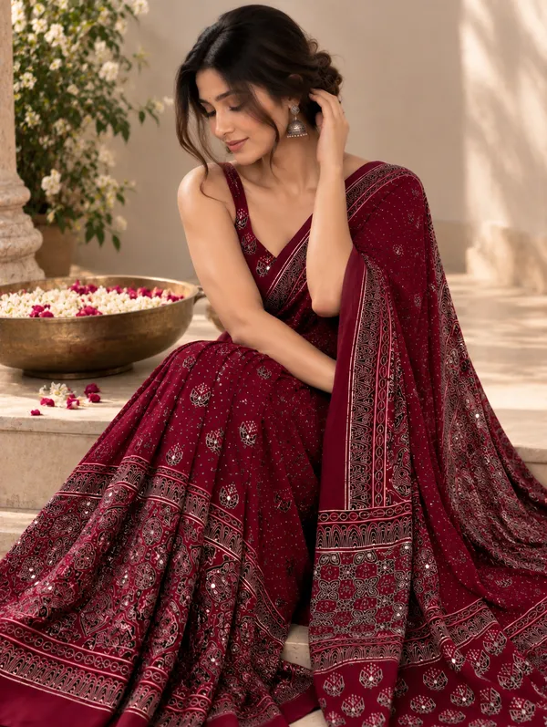 Maroon_Modal_Silk_Ajrakh_Printed_Saree_With_Hand_Set_Mirrors