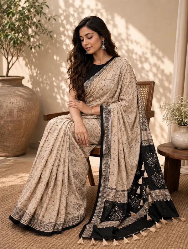 Ivory_Beige_Ajrakh_Gajji_Mirror_Work_Saree_With_Matching_Blouse_Piece