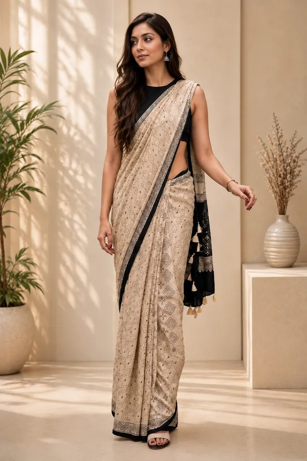 Ivory_Beige_Ajrakh_Gajji_Mirror_Work_Saree_With_Matching_Blouse_Piece