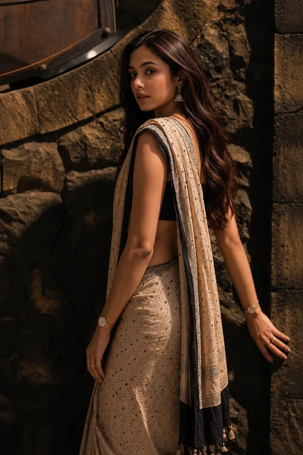 Ivory_Beige_Ajrakh_Gajji_Mirror_Work_Saree_With_Matching_Blouse_Piece