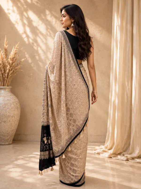 Ivory_Beige_Ajrakh_Gajji_Mirror_Work_Saree_With_Matching_Blouse_Piece
