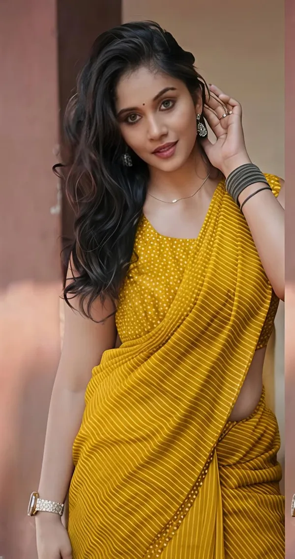 Mustard_Yellow_Linen_Cotton_Saree_With_Stripes_Dots