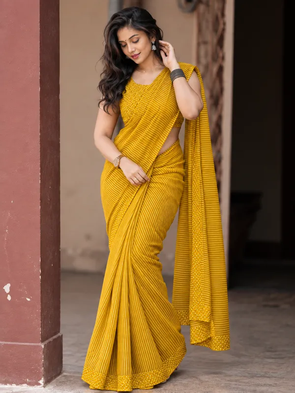 Mustard_Yellow_Linen_Cotton_Saree_With_Stripes_Dots