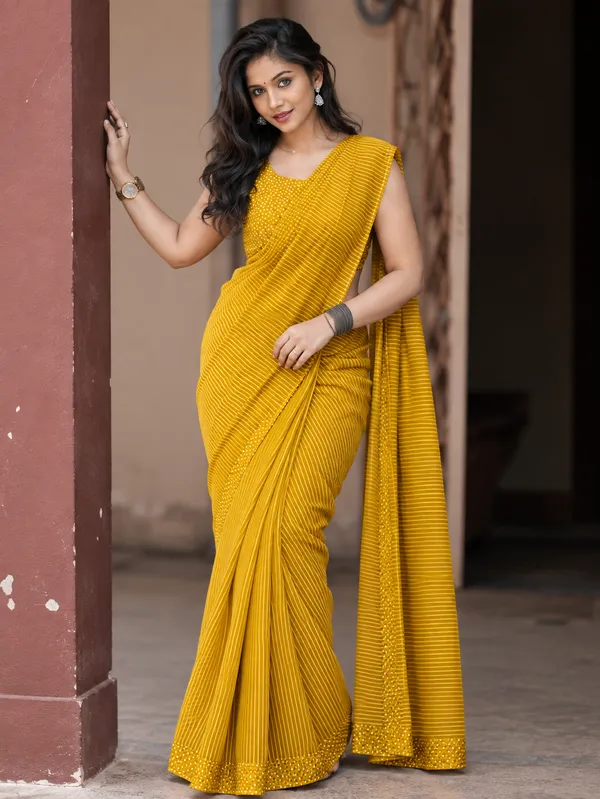 Mustard_Yellow_Linen_Cotton_Saree_With_Stripes_Dots