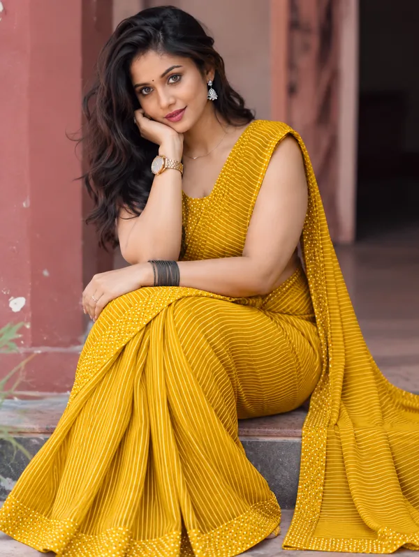 Mustard_Yellow_Linen_Cotton_Saree_With_Stripes_Dots
