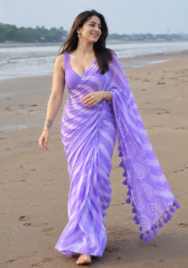 Lavender_Chiffon_Leheriya_Saree_with_Floral_Print_&_Tassel_Pallu