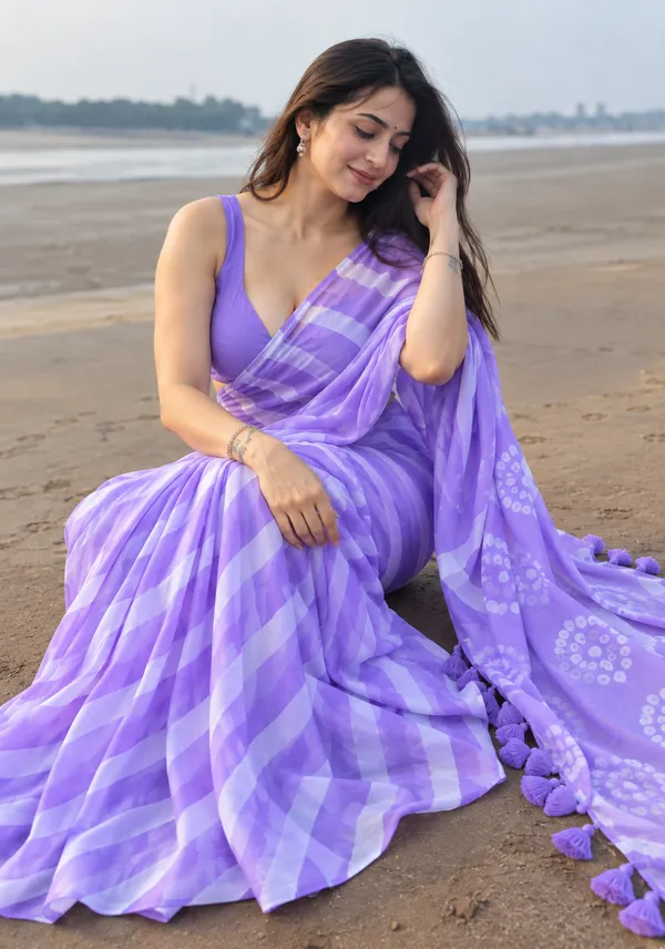 Lavender_Chiffon_Leheriya_Saree_with_Floral_Print_&_Tassel_Pallu
