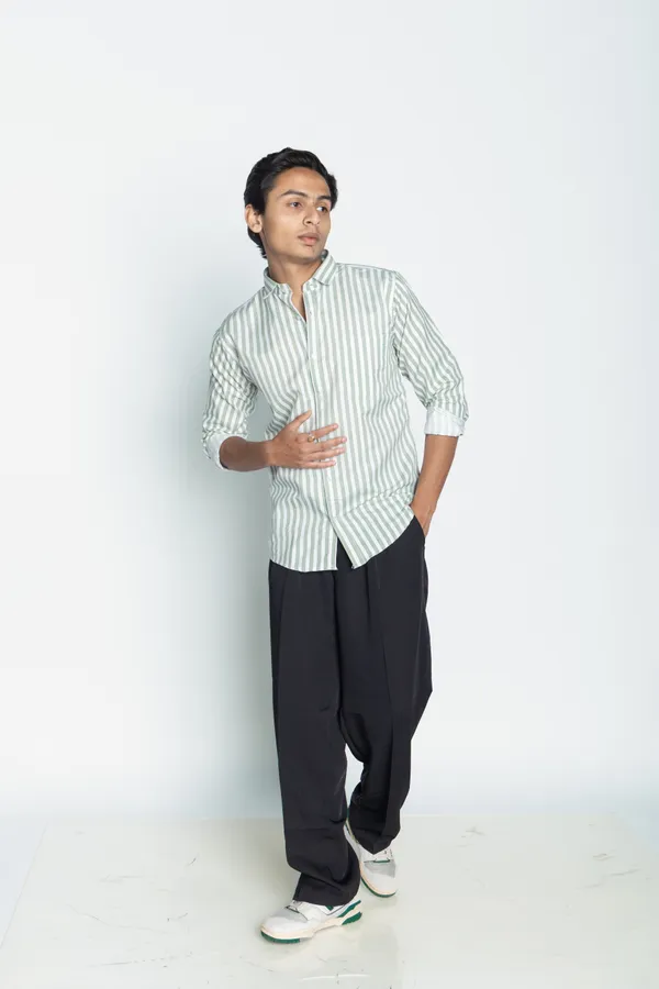 Green_And_White_Striped_Regular_Fit_Shirt_For_Men
