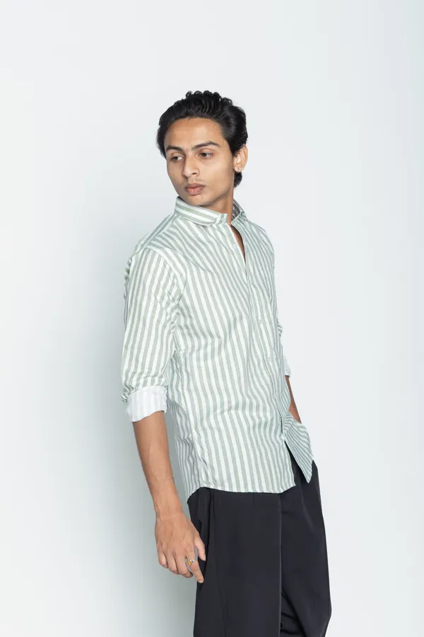 Green_And_White_Striped_Regular_Fit_Shirt_For_Men