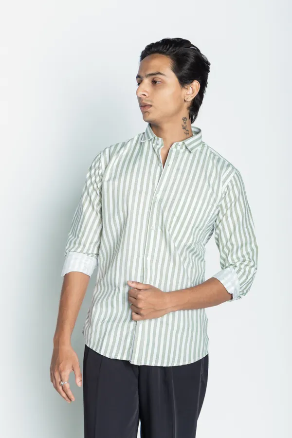 Green_And_White_Striped_Regular_Fit_Shirt_For_Men