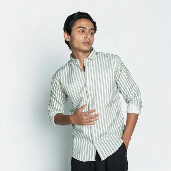 Green_And_White_Striped_Regular_Fit_Shirt_For_Men