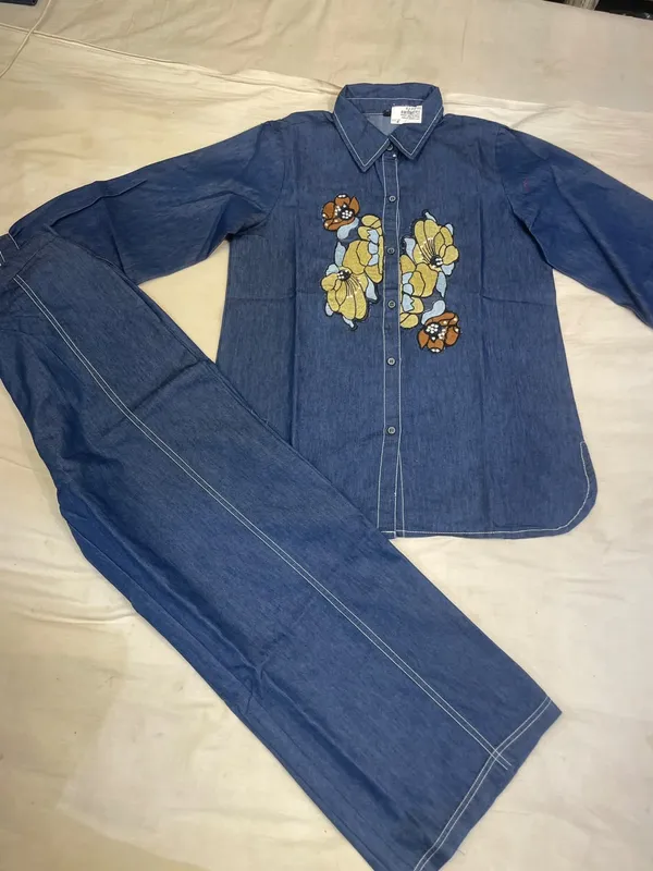 Blue_Denim_Floral_Shirt_And_Trousers_Set_for_Women