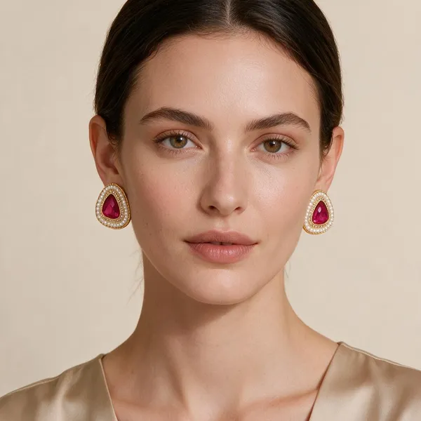 Gold_Tone_Pink_Stone_Pearl_Triangular_Stud_Earrings_For_Women