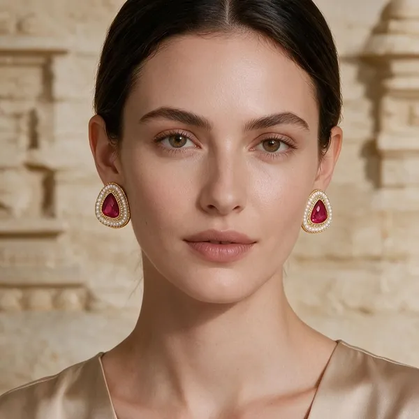 Gold_Tone_Pink_Stone_Pearl_Triangular_Stud_Earrings_For_Women