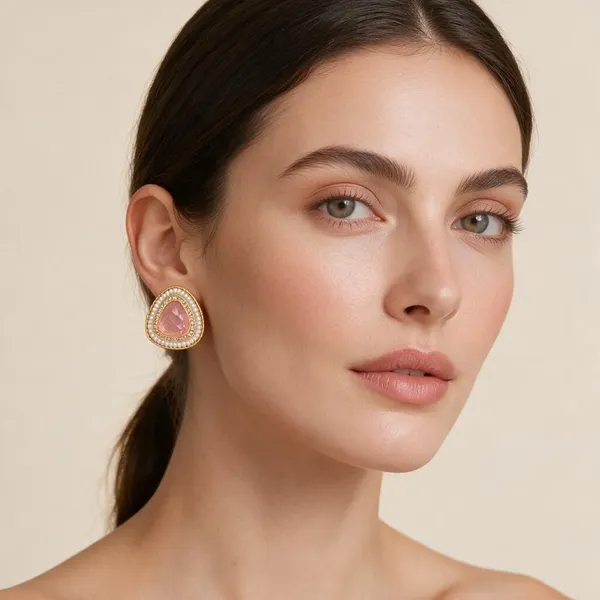 Gold_Tone_Pink_Stone_Pearl_Stud_Earrings_For_Women