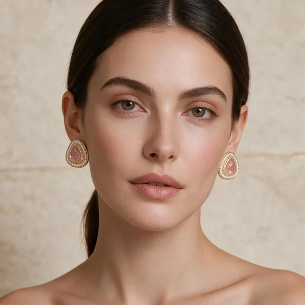 Gold_Tone_Pink_Stone_Pearl_Stud_Earrings_For_Women