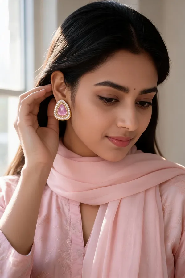 Gold_Tone_Pink_Stone_Pearl_Stud_Earrings_For_Women