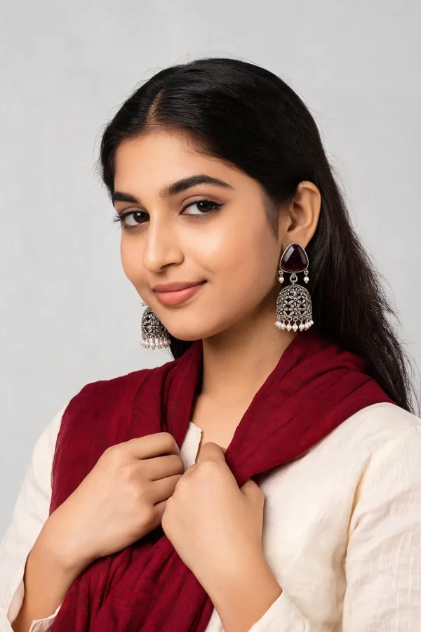 Maroon_Oxidized_Silver_Floral_Dome_Jhumka_Earrings_For_Women