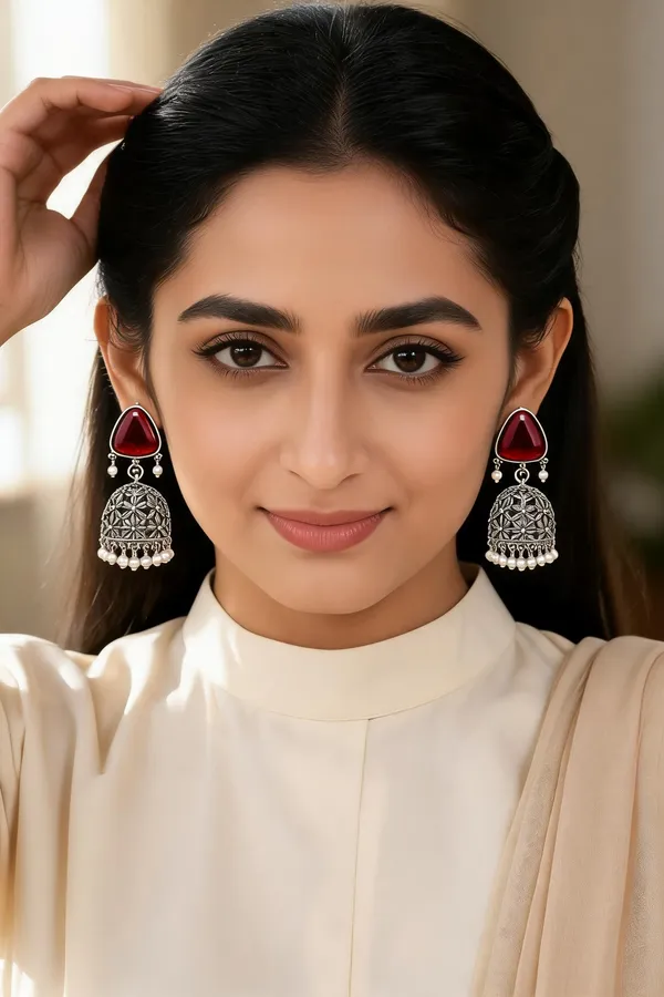 Red_Oxidized_Silver_Floral_Dome_Jhumka_Earrings_For_Women
