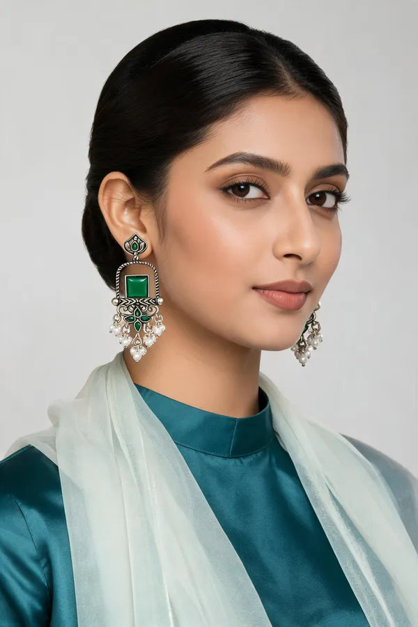 Oxidized_Silver_Green_Stone_Pearl_Drop_Earrings_For_Women