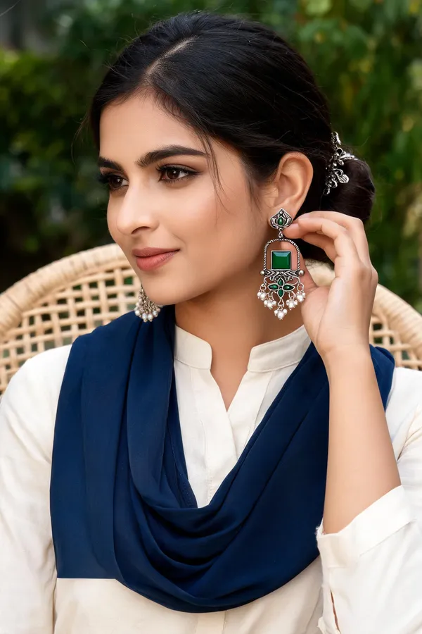Oxidized_Silver_Green_Stone_Pearl_Drop_Earrings_For_Women