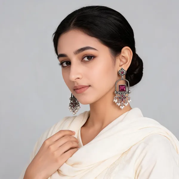 Oxidized_Silver_Magenta_Stone_Chandbali_Earrings_For_Women