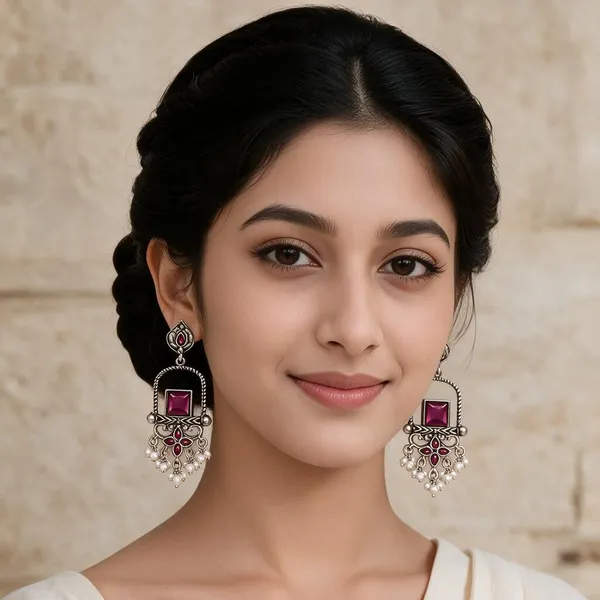 Oxidized_Silver_Magenta_Stone_Chandbali_Earrings_For_Women