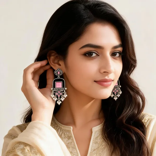 Oxidized_Silver_Pink_Stone_Pearl_Drop_Earrings_For_Women
