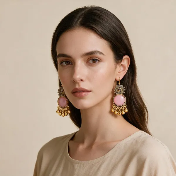 Gold_Tone_Peacock_Pink_Stone_Dangle_Earrings_For_Women