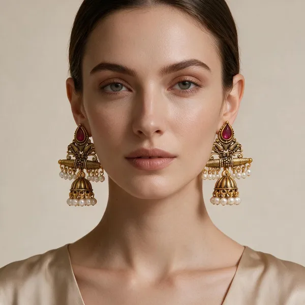 Gold_Tone_Magenta_Stone_Pearl_Jhumka_Earrings_For_Women