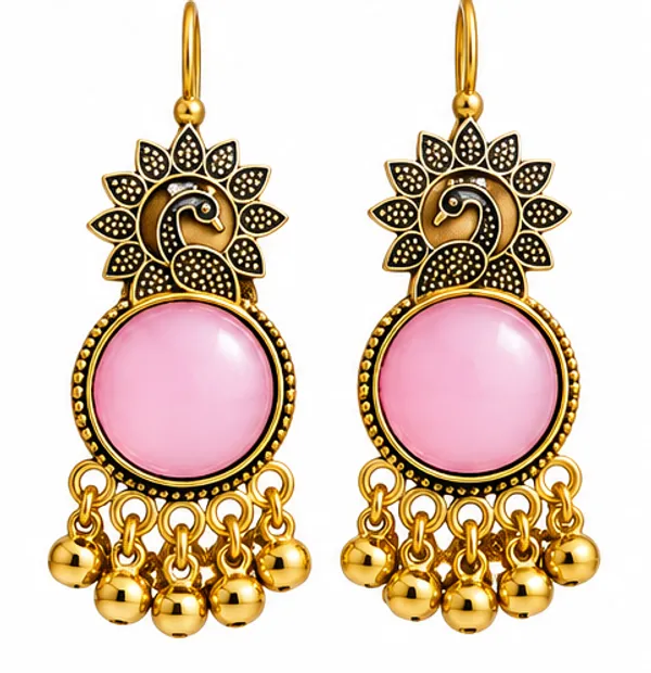 Gold_Tone_Peacock_Pink_Stone_Dangle_Earrings_for_Women