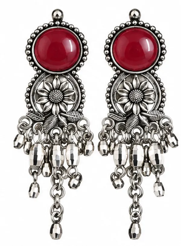Silver_Oxidised_Floral_Dangler_Earrings_With_Red_Stone