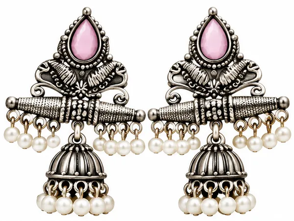 Pink_Stone_Oxidized_Silver-Tone_Jhumka_Earrings