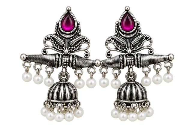 Silver-Tone_Jhumka_Earrings_With_Magenta_Stones_for_Women