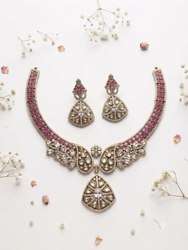 Gold-Toned_Pink_Stone_Necklace_Set_for_Women