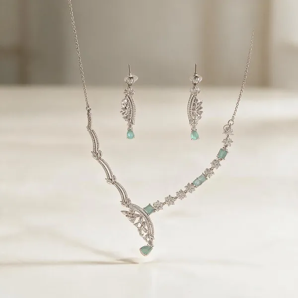 Silver_Tone_Floral_Necklace_And_Earrings_Set_For_Women