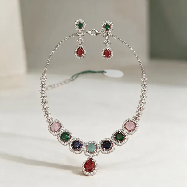 Silver-Tone_Multicolor_Stone_Necklace_And_Earrings_Set_for_Women