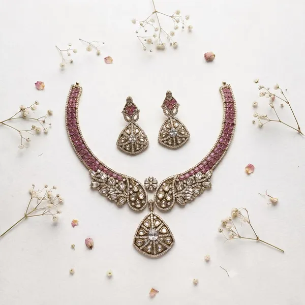 Gold-Toned_Pink_Stone_Necklace_Set_for_Women